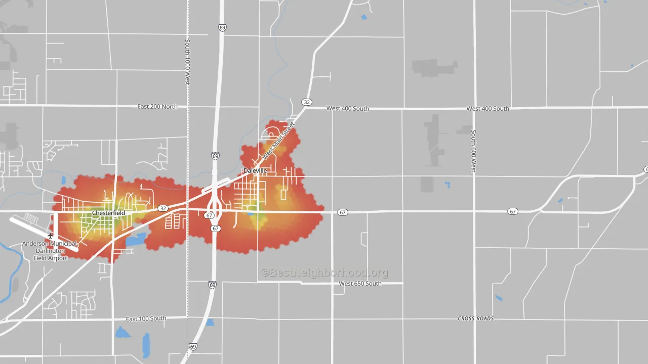 Walk Grade map of 47334, IN, walkable areas in green and car-dependent areas in red