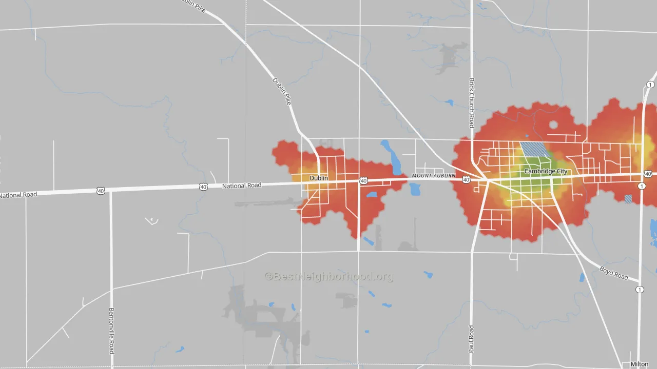 Walk Grade map of 47335, IN, walkable areas in green and car-dependent areas in red