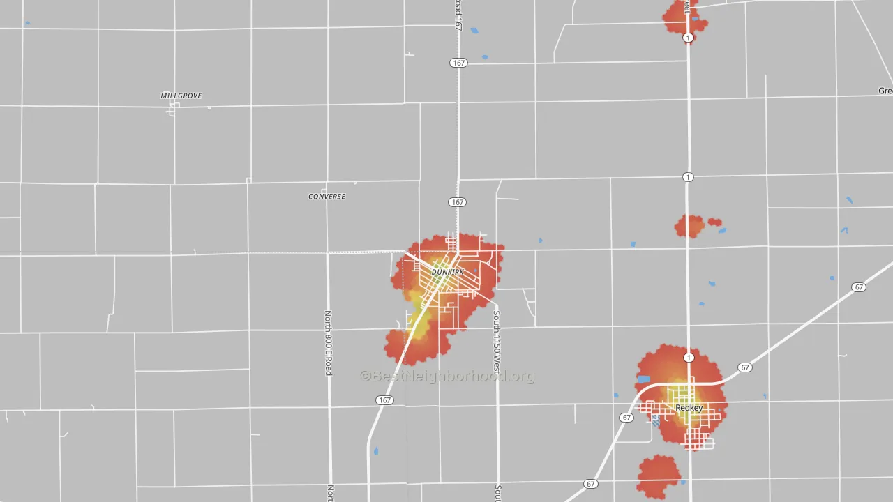 Walk Grade map of 47336, IN, walkable areas in green and car-dependent areas in red