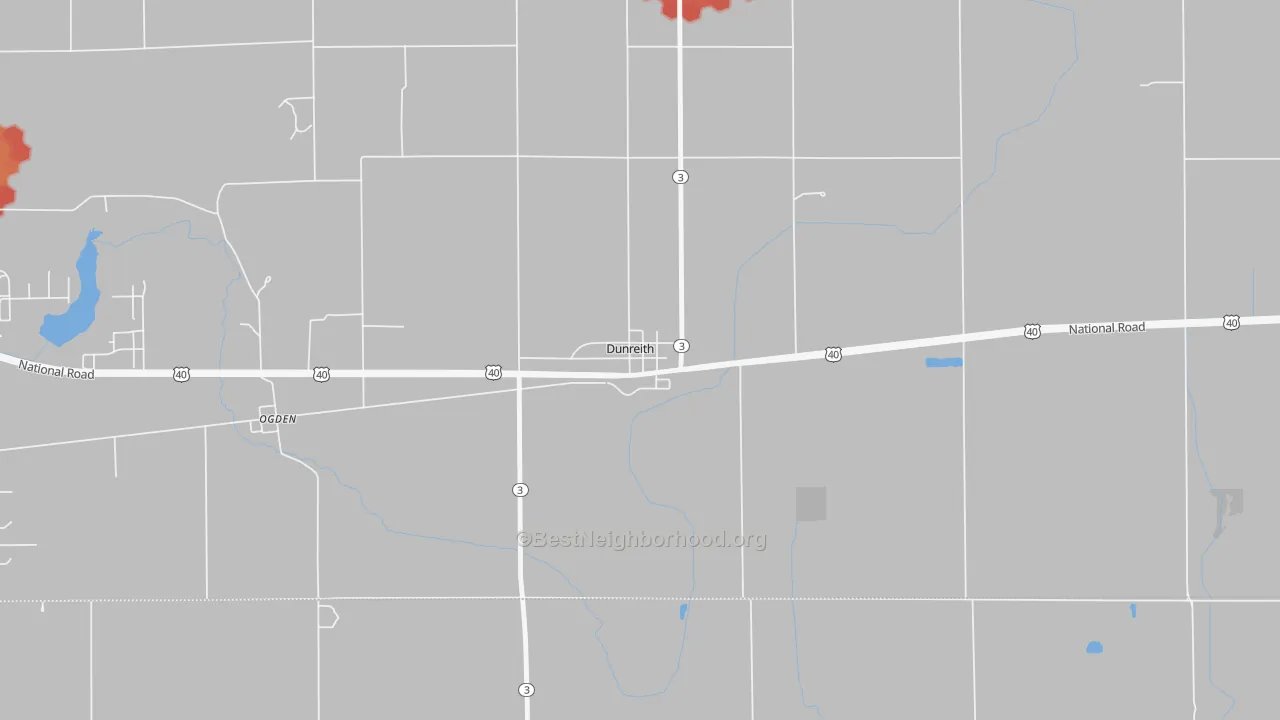 Walk Grade map of 47337, IN, walkable areas in green and car-dependent areas in red