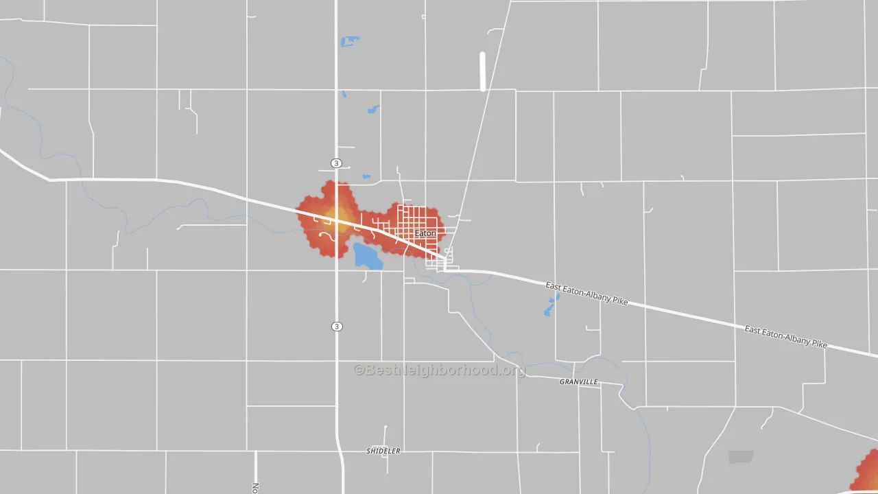 Walk Grade map of 47338, IN, walkable areas in green and car-dependent areas in red