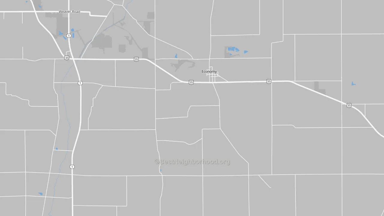 Walk Grade map of 47339, IN, walkable areas in green and car-dependent areas in red