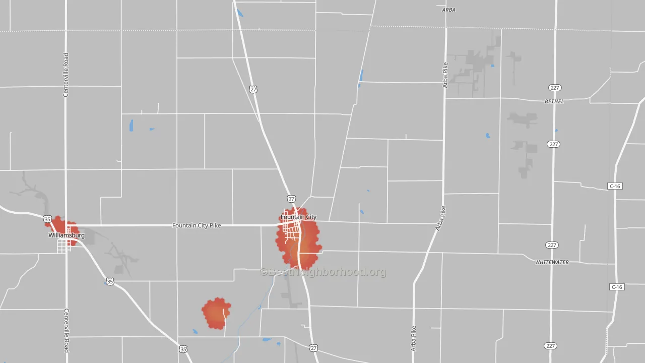 Walk Grade map of 47341, IN, walkable areas in green and car-dependent areas in red