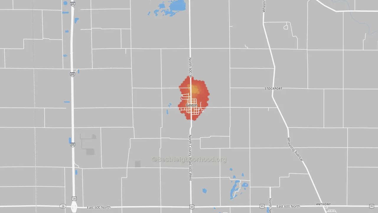 Walk Grade map of 47342, IN, walkable areas in green and car-dependent areas in red