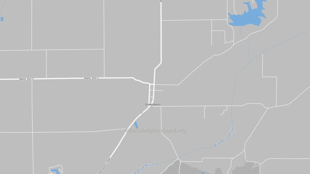 Walk Grade map of 47344, IN, walkable areas in green and car-dependent areas in red
