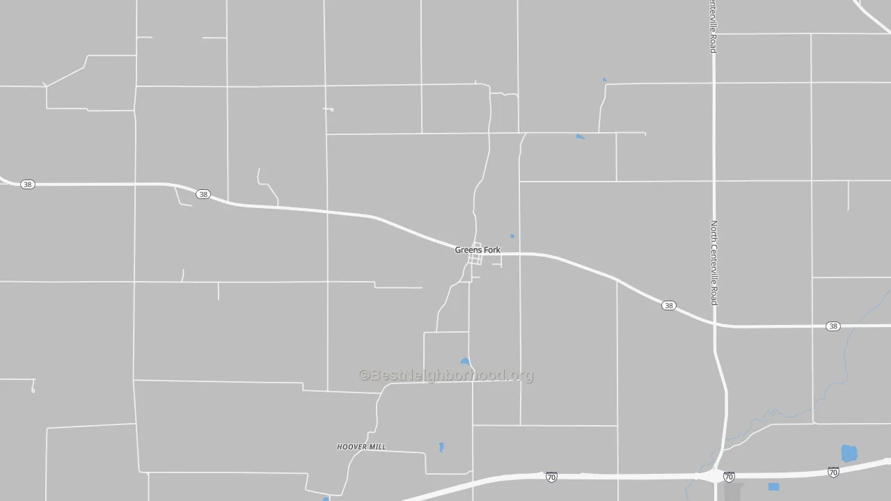 Walk Grade map of 47345, IN, walkable areas in green and car-dependent areas in red