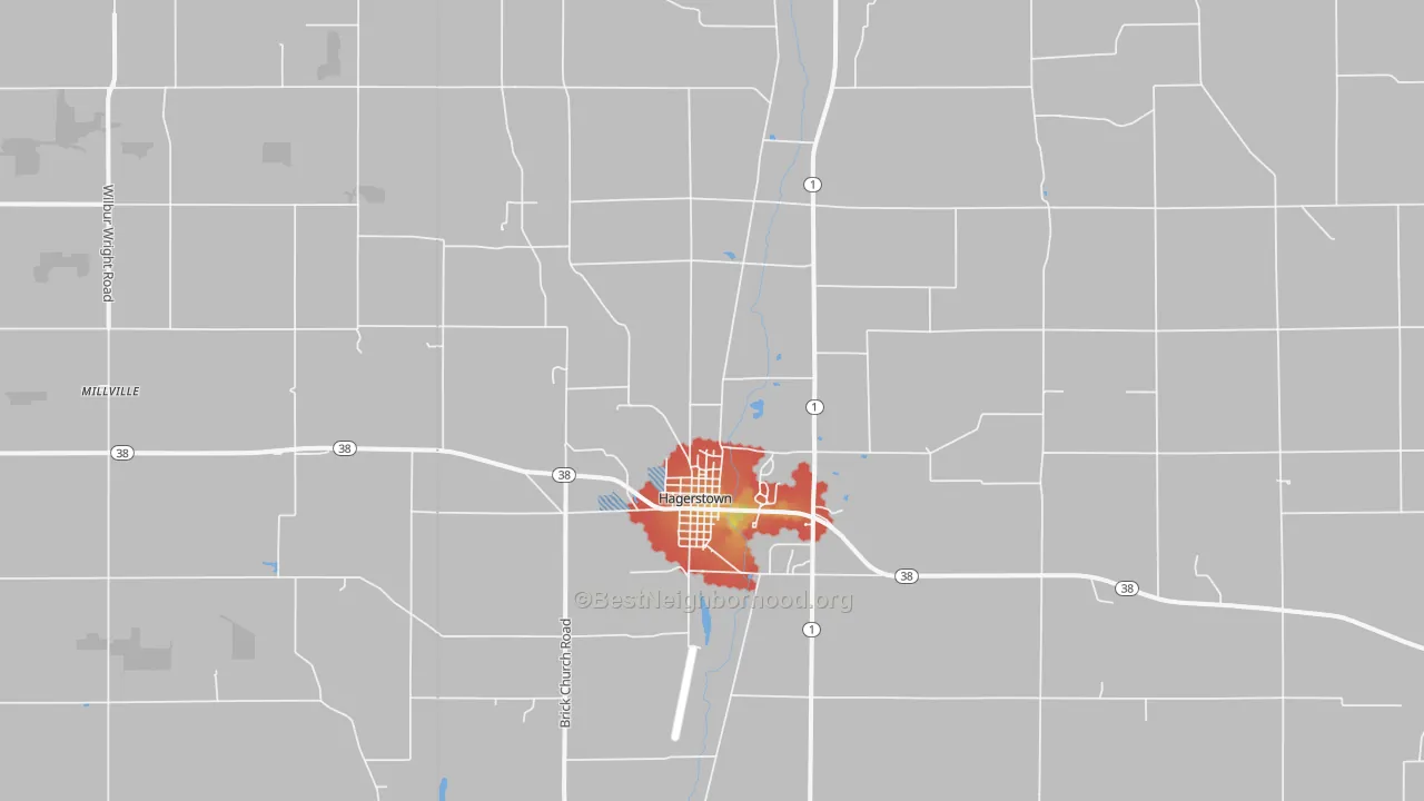 Walk Grade map of 47346, IN, walkable areas in green and car-dependent areas in red