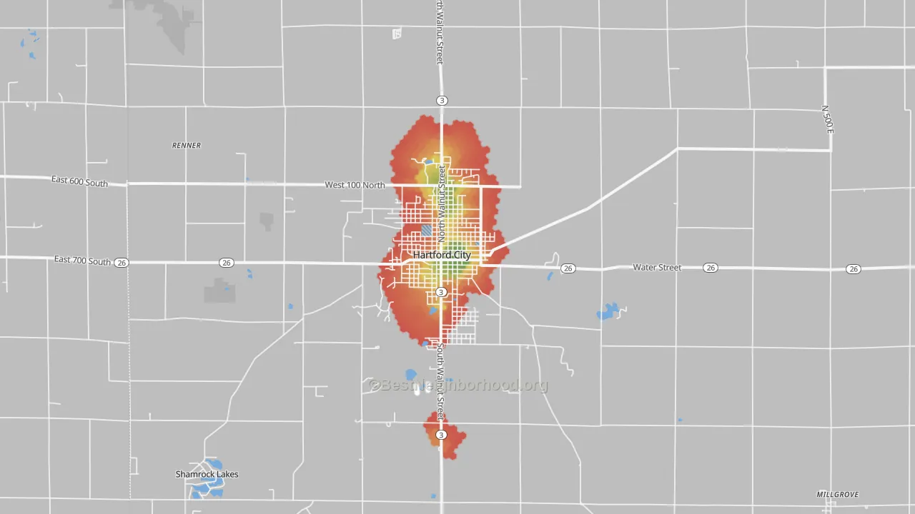 Walk Grade map of 47348, IN, walkable areas in green and car-dependent areas in red