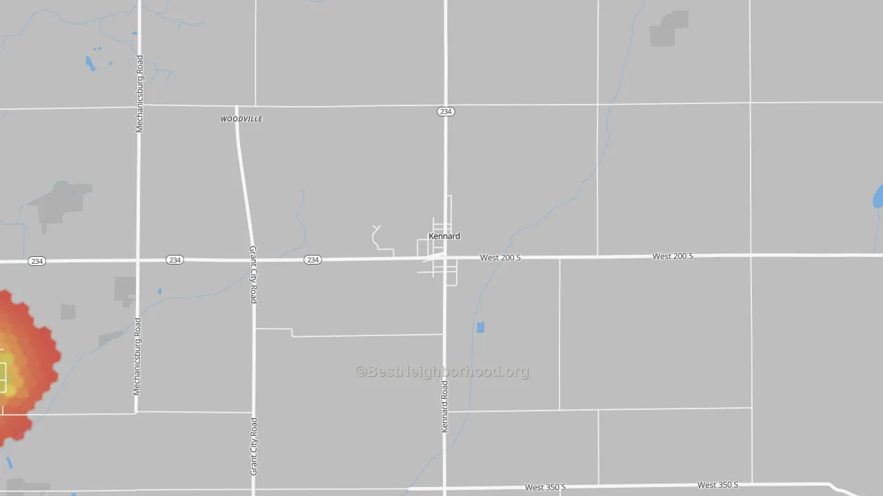 Walk Grade map of 47351, IN, walkable areas in green and car-dependent areas in red