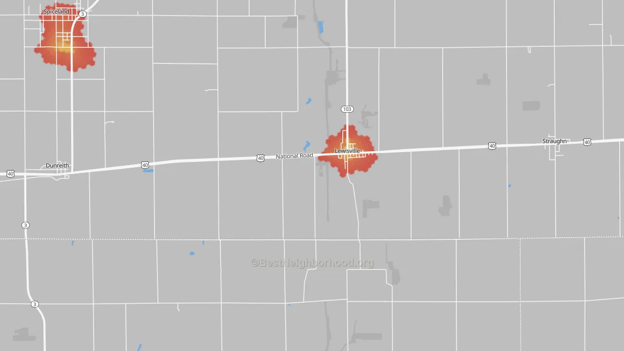 Walk Grade map of 47352, IN, walkable areas in green and car-dependent areas in red