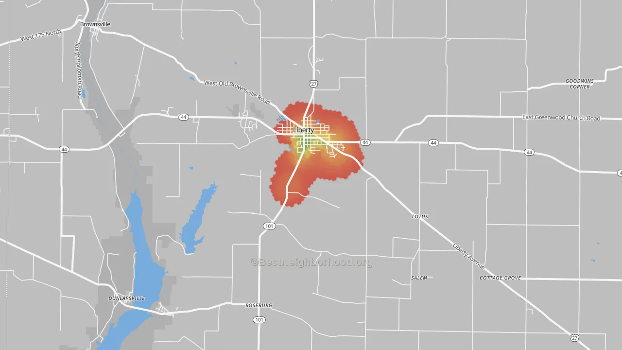 Walk Grade map of 47353, IN, walkable areas in green and car-dependent areas in red