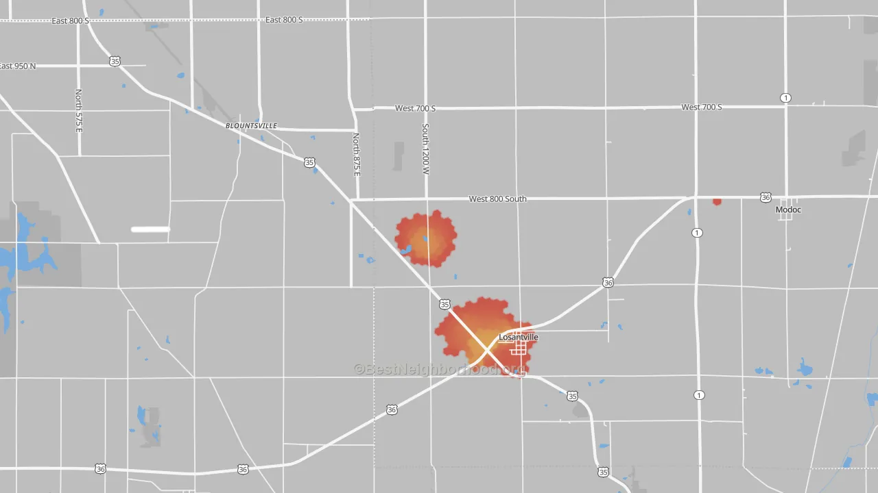 Walk Grade map of 47354, IN, walkable areas in green and car-dependent areas in red
