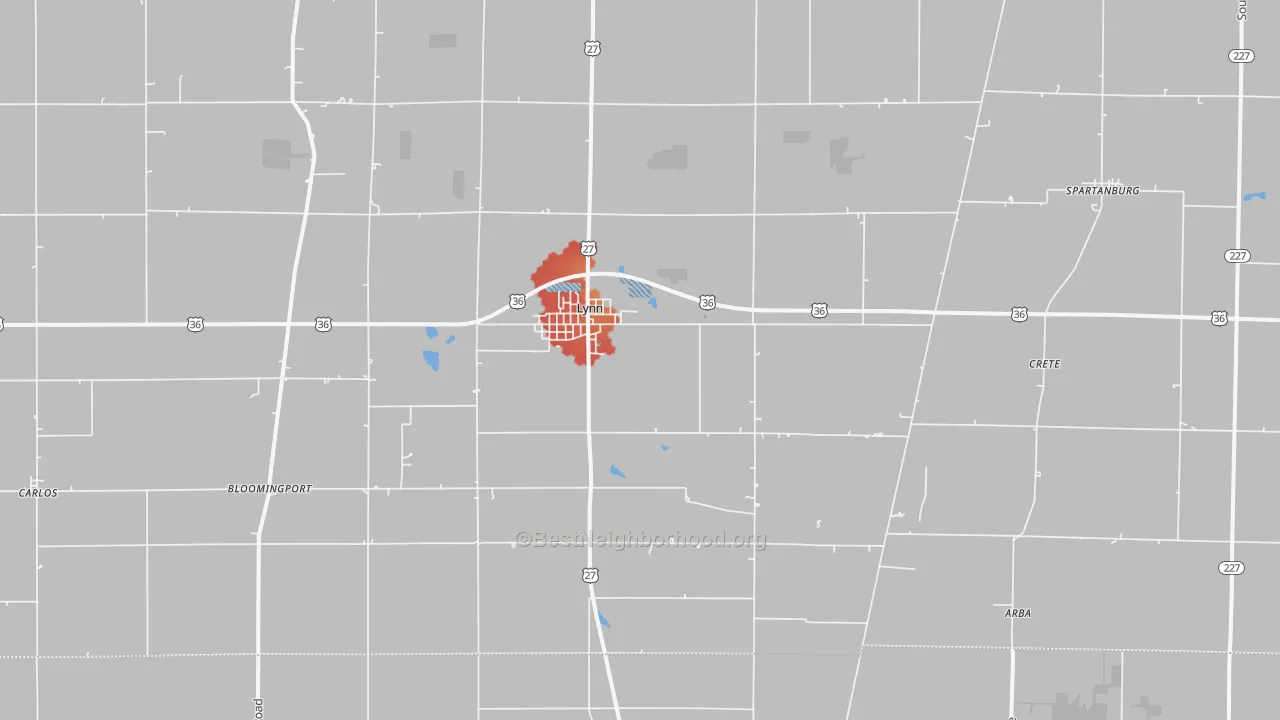 Walk Grade map of 47355, IN, walkable areas in green and car-dependent areas in red