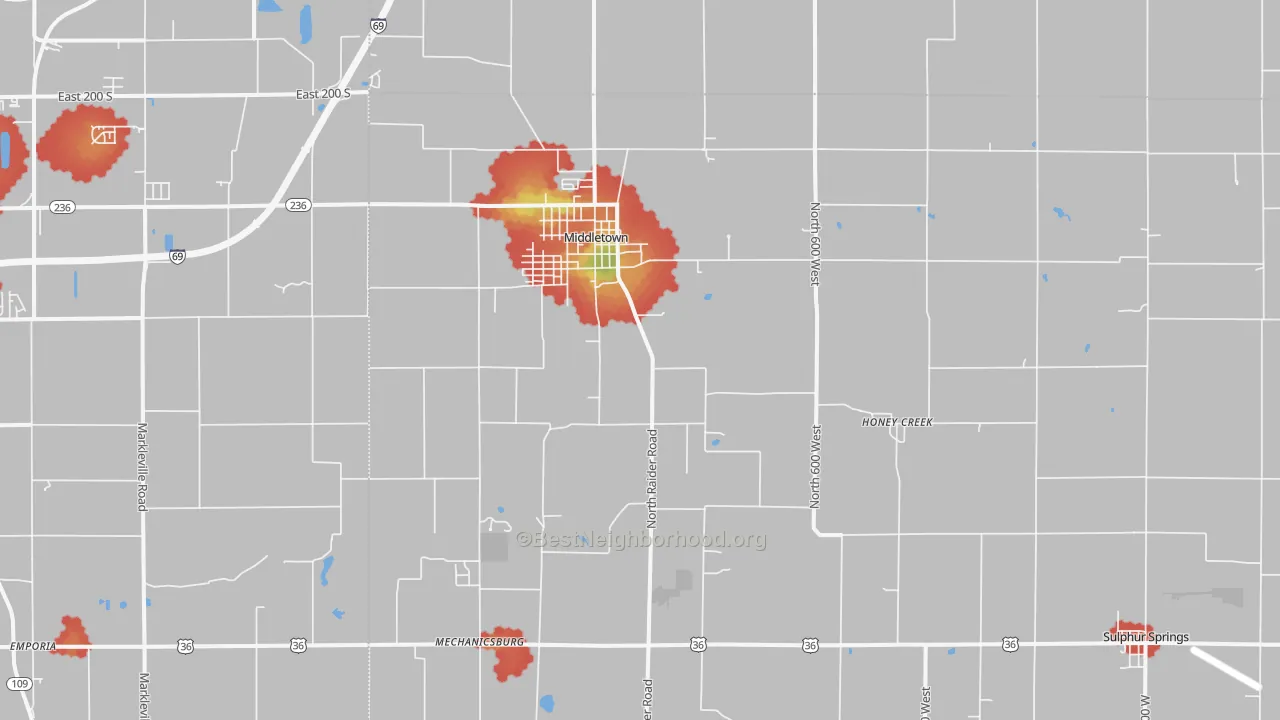 Walk Grade map of 47356, IN, walkable areas in green and car-dependent areas in red