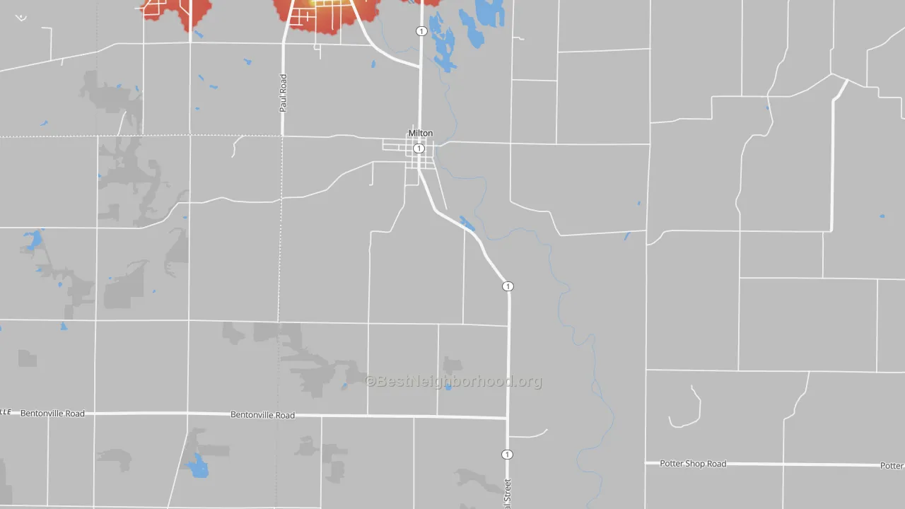 Walk Grade map of 47357, IN, walkable areas in green and car-dependent areas in red
