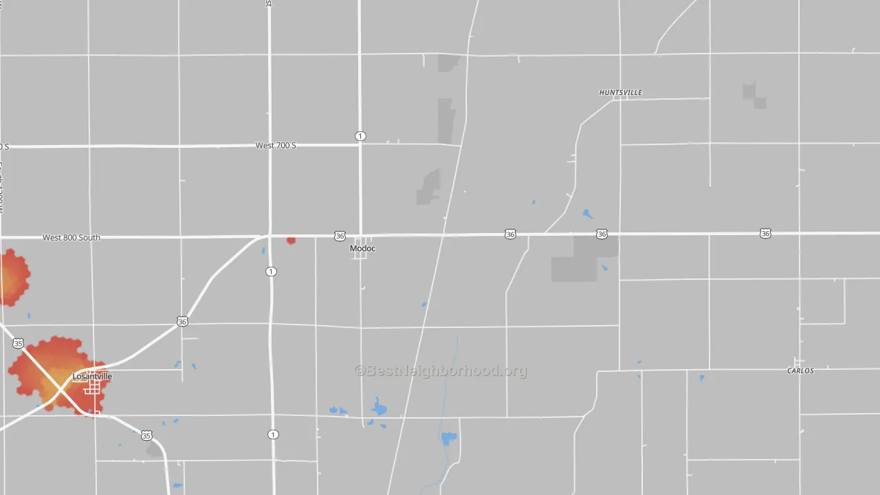 Walk Grade map of 47358, IN, walkable areas in green and car-dependent areas in red