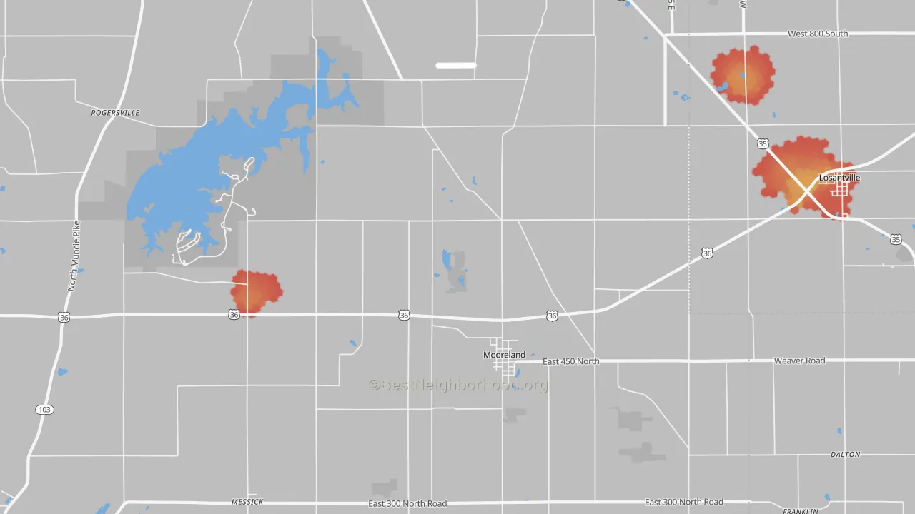 Walk Grade map of 47360, IN, walkable areas in green and car-dependent areas in red