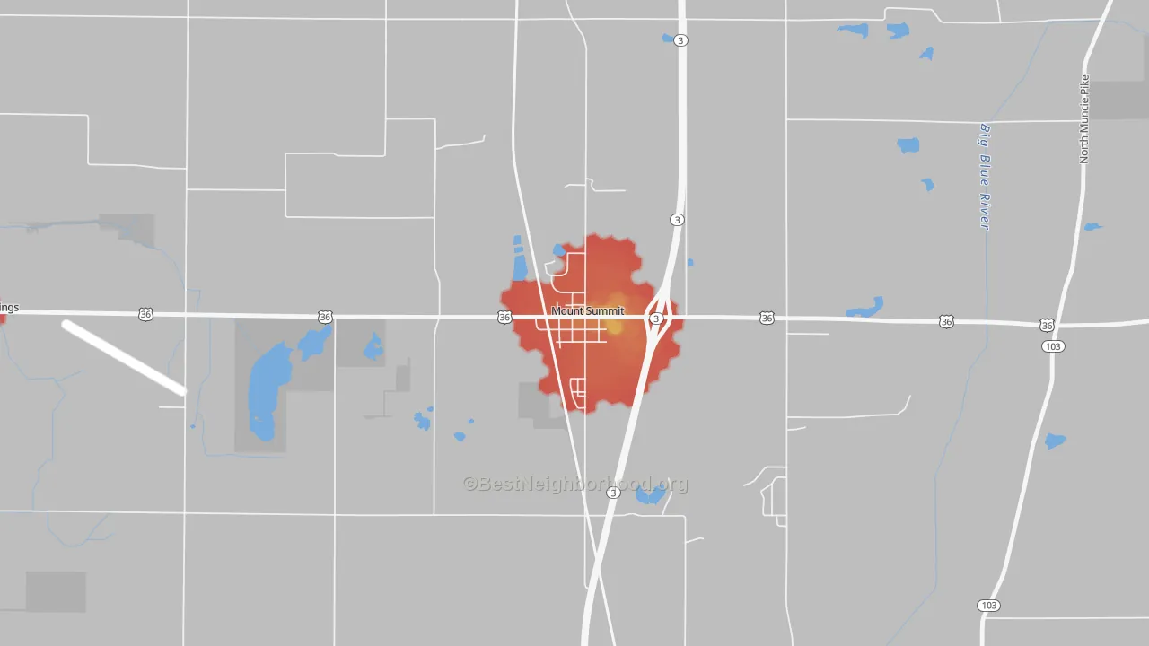 Walk Grade map of 47361, IN, walkable areas in green and car-dependent areas in red