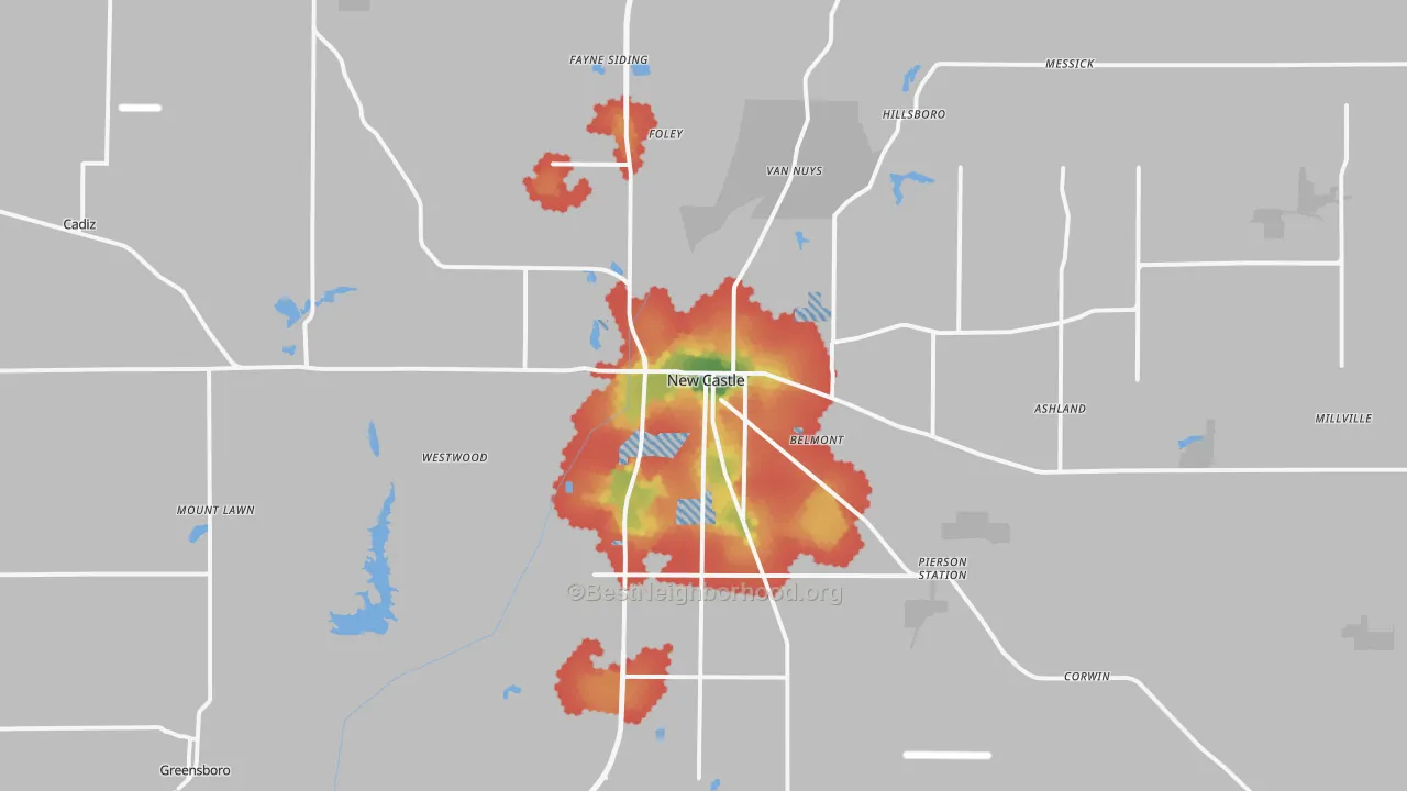 Walk Grade map of 47362, IN, walkable areas in green and car-dependent areas in red
