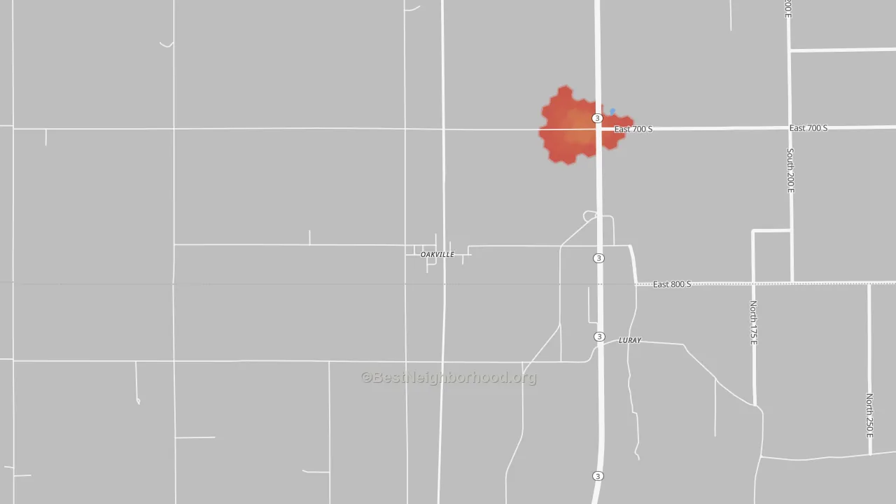 Walk Grade map of 47367, IN, walkable areas in green and car-dependent areas in red
