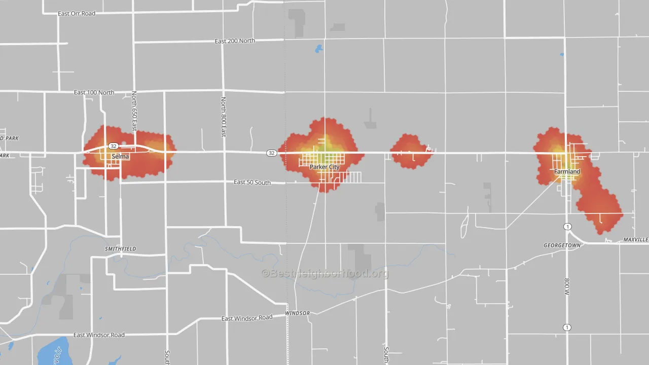 Walk Grade map of 47368, IN, walkable areas in green and car-dependent areas in red