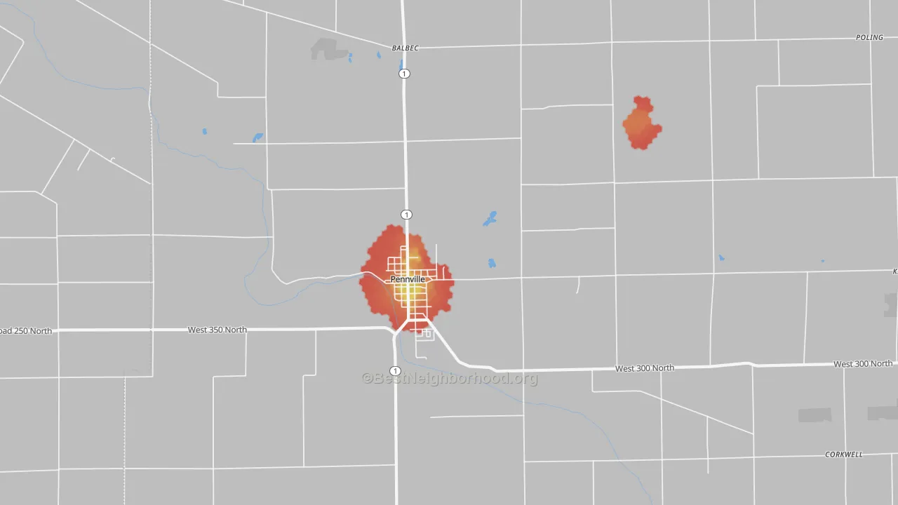 Walk Grade map of 47369, IN, walkable areas in green and car-dependent areas in red