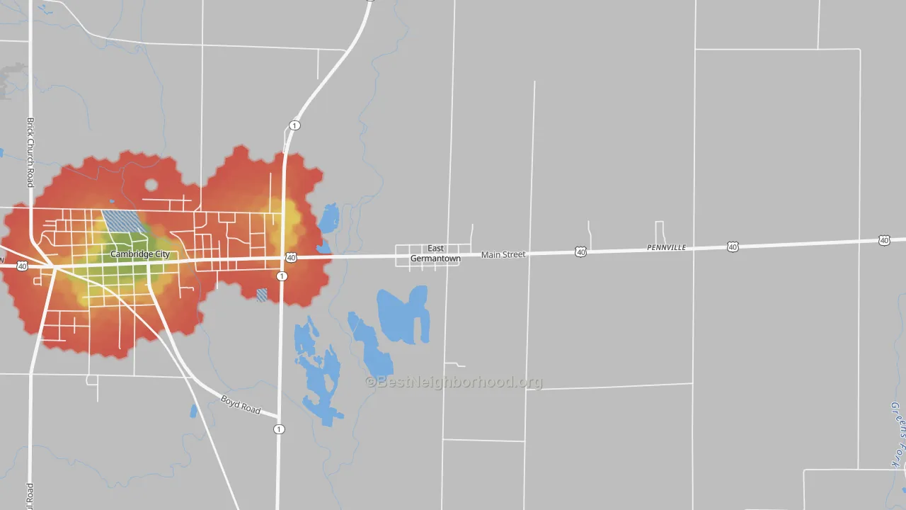Walk Grade map of 47370, IN, walkable areas in green and car-dependent areas in red