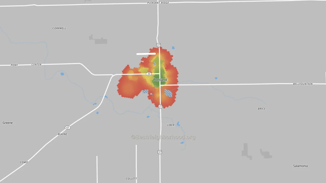 Walk Grade map of 47371, IN, walkable areas in green and car-dependent areas in red