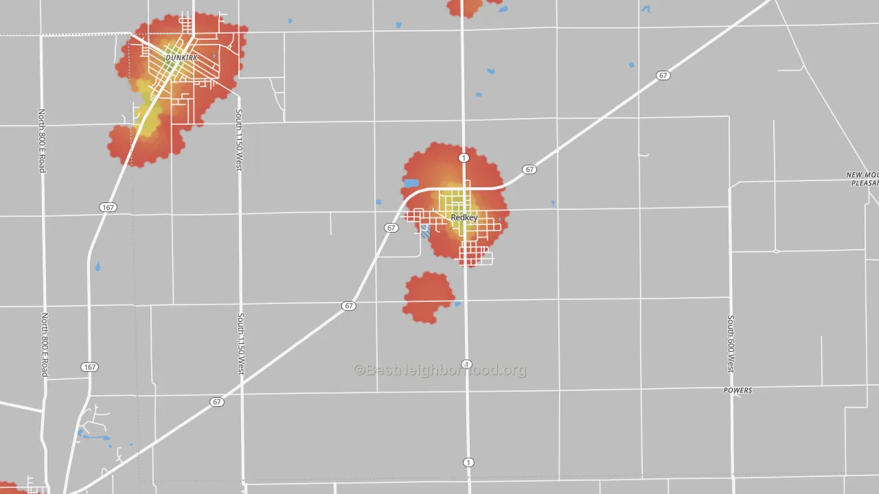 Walk Grade map of 47373, IN, walkable areas in green and car-dependent areas in red