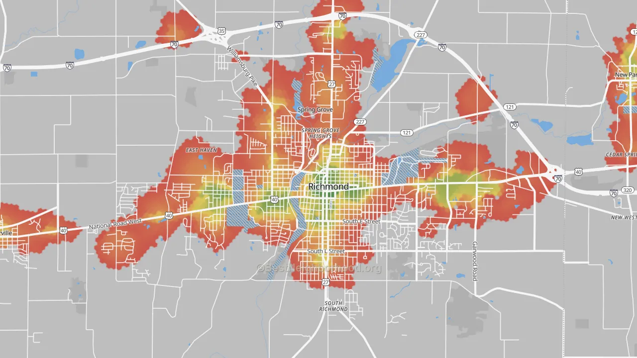 Walk Grade map of 47374, IN, walkable areas in green and car-dependent areas in red