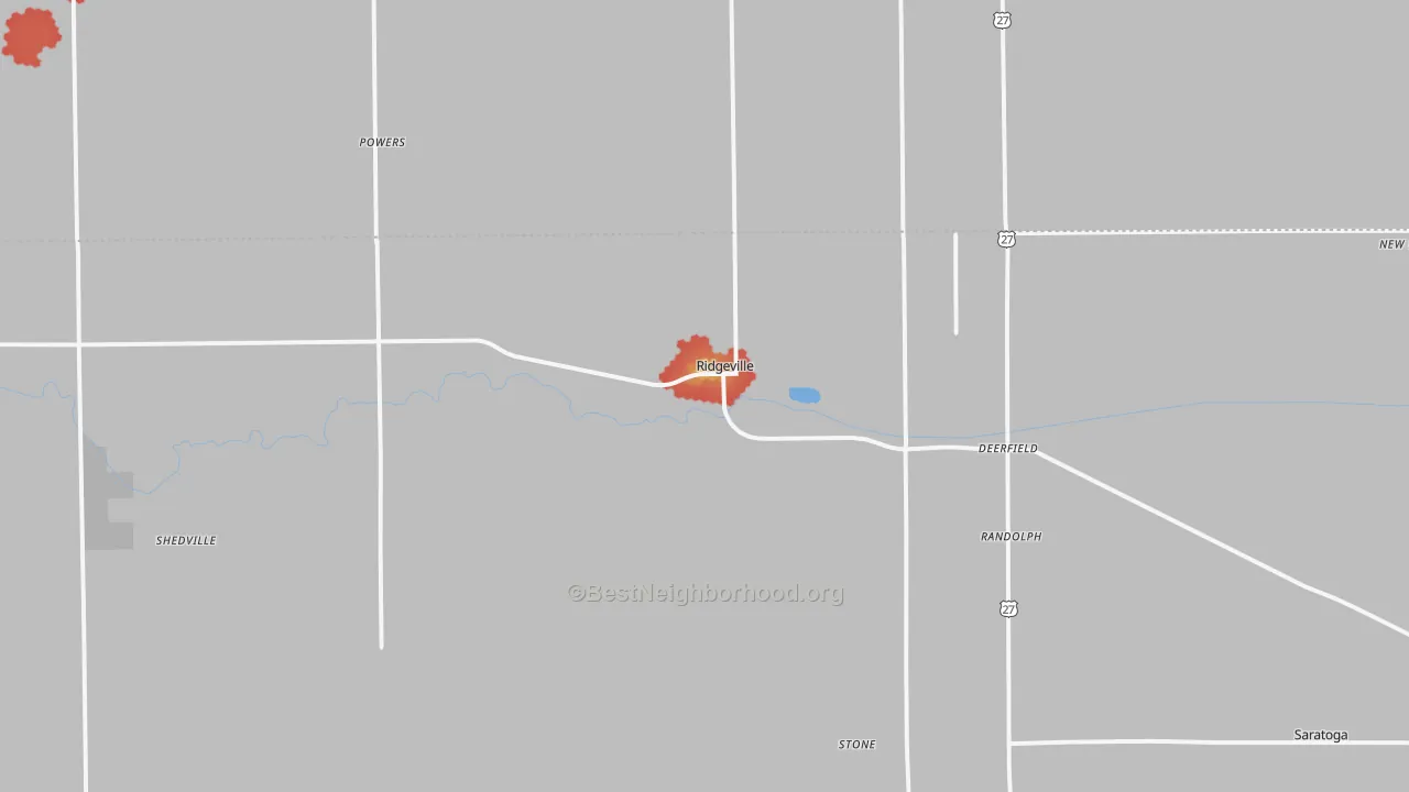 Walk Grade map of 47380, IN, walkable areas in green and car-dependent areas in red