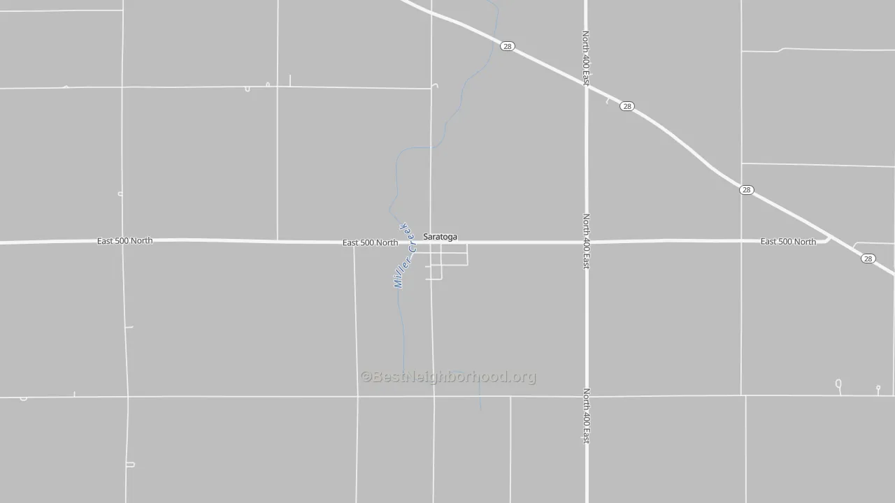 Walk Grade map of 47382, IN, walkable areas in green and car-dependent areas in red