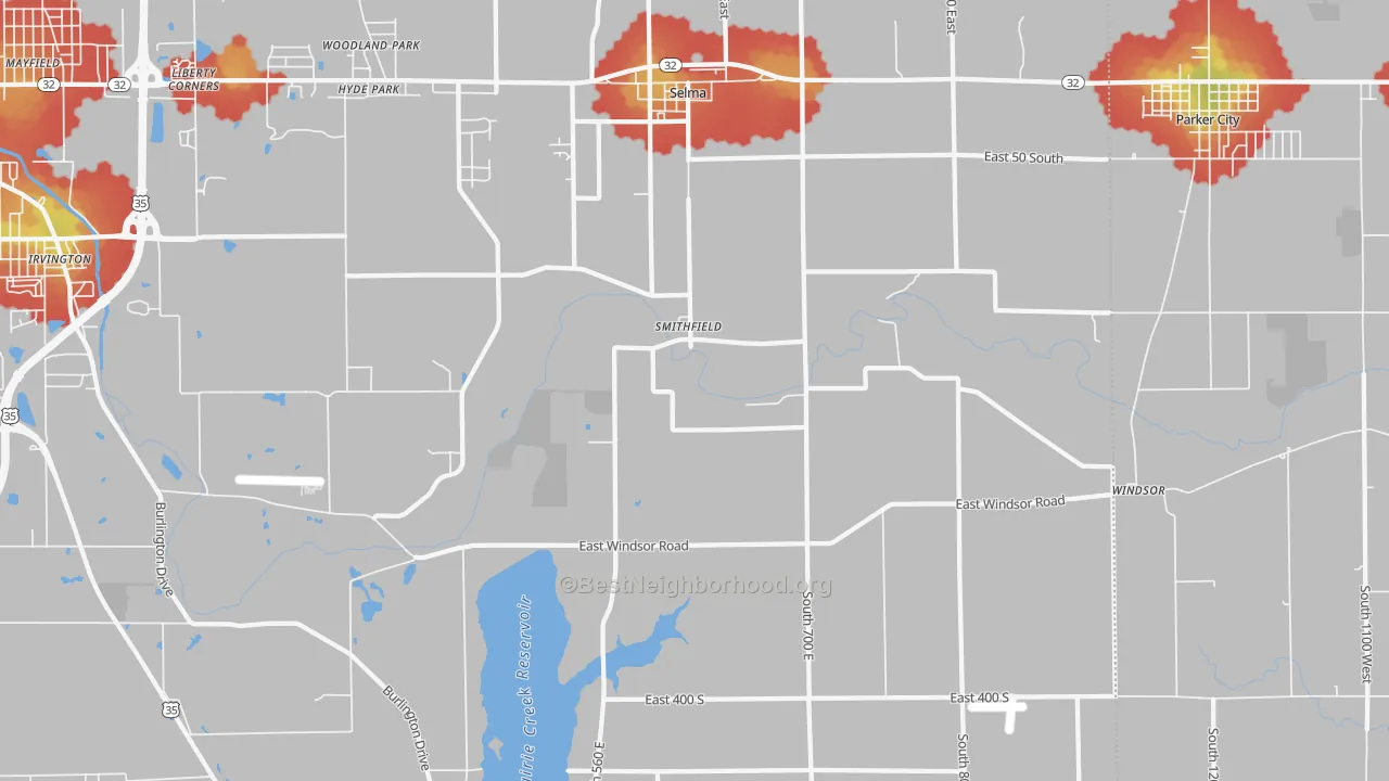 Walk Grade map of 47383, IN, walkable areas in green and car-dependent areas in red