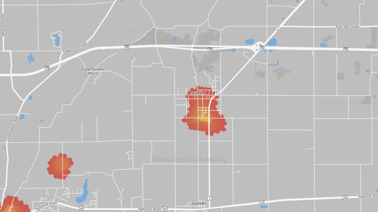 Walk Grade map of 47385, IN, walkable areas in green and car-dependent areas in red