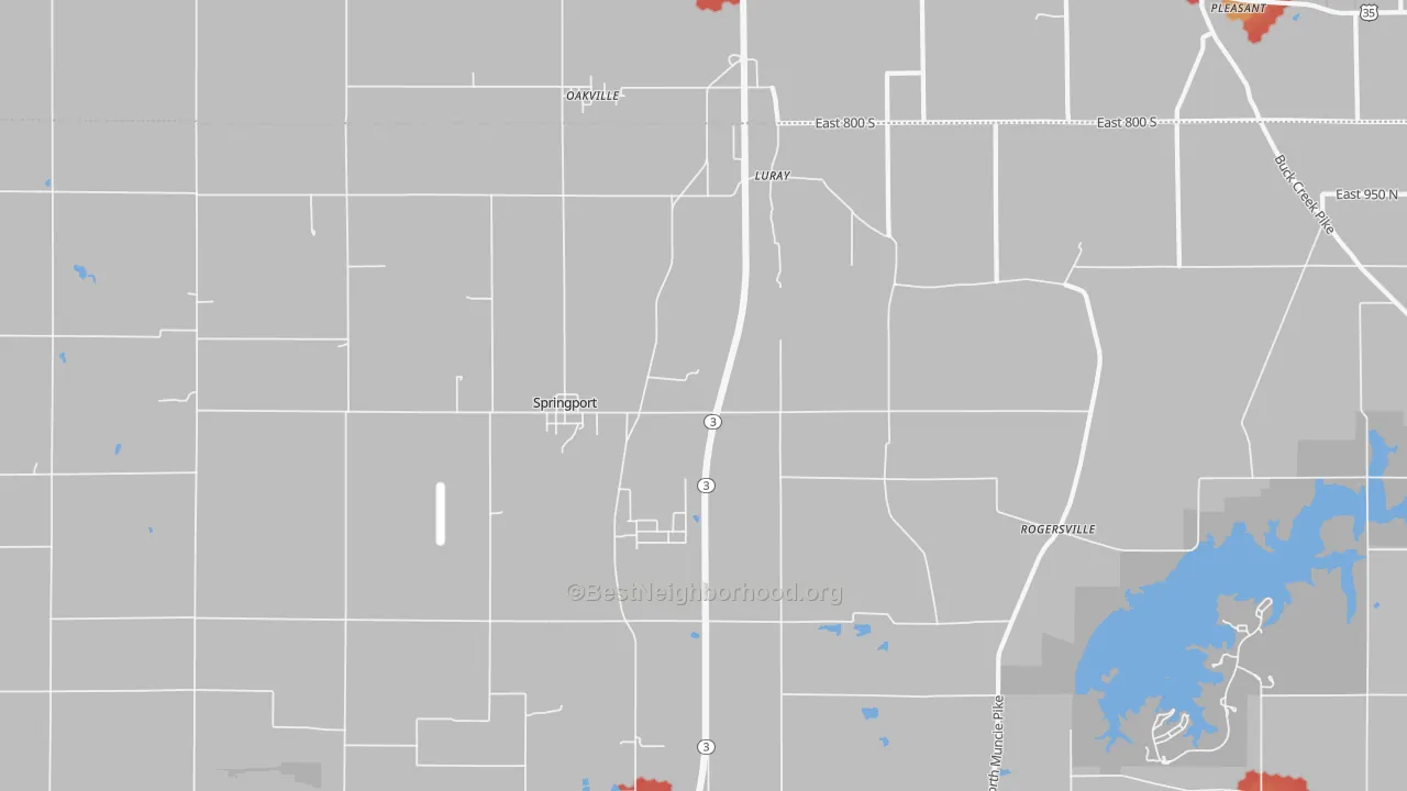 Walk Grade map of 47386, IN, walkable areas in green and car-dependent areas in red