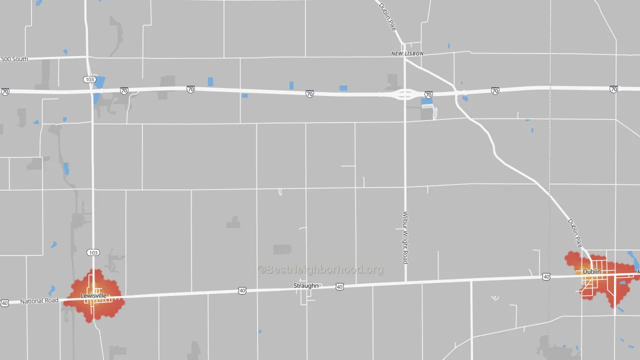 Walk Grade map of 47387, IN, walkable areas in green and car-dependent areas in red