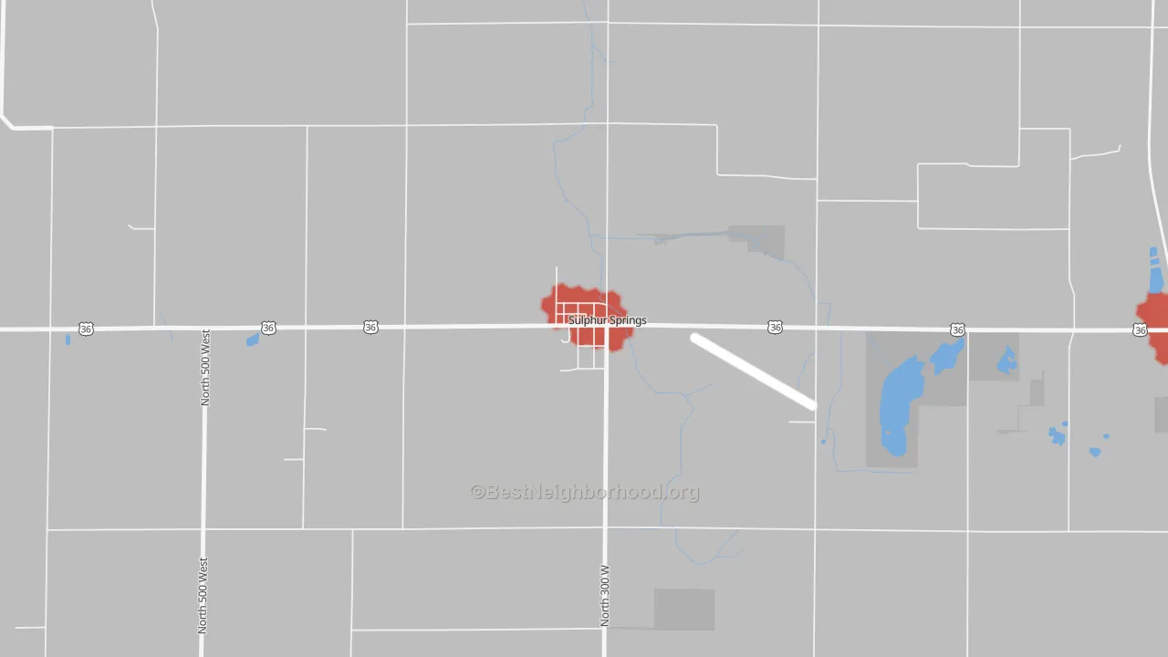 Walk Grade map of 47388, IN, walkable areas in green and car-dependent areas in red