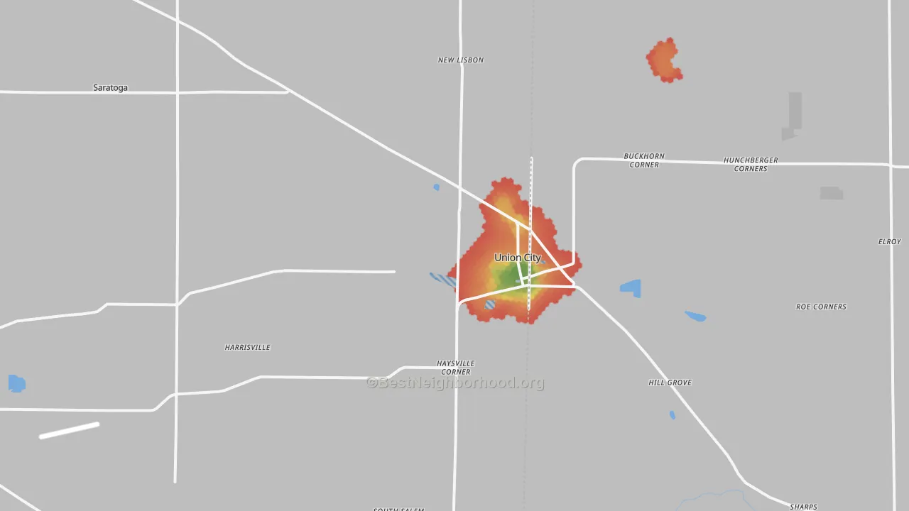 Walk Grade map of 47390, IN, walkable areas in green and car-dependent areas in red