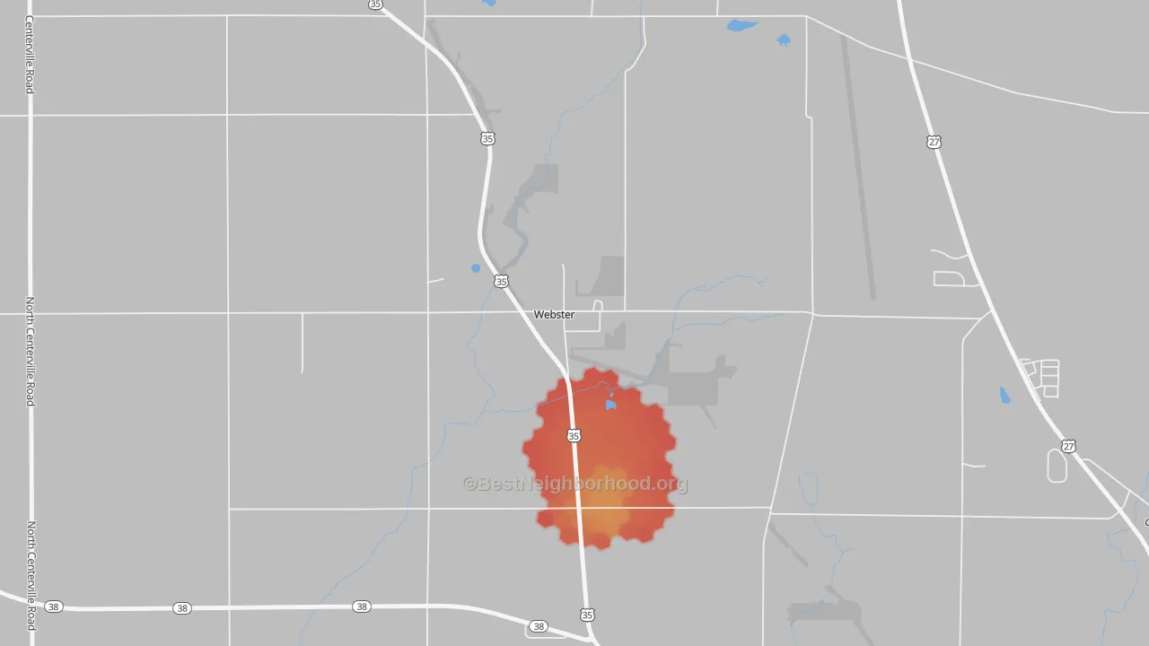 Walk Grade map of 47392, IN, walkable areas in green and car-dependent areas in red