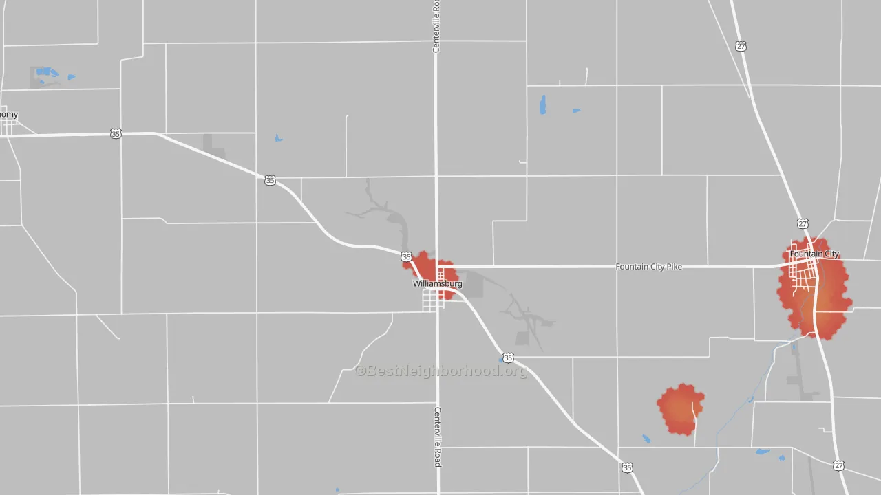 Walk Grade map of 47393, IN, walkable areas in green and car-dependent areas in red