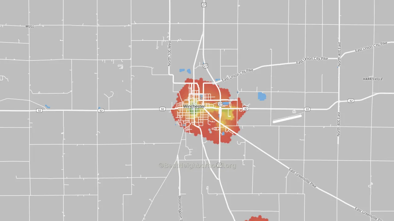 Walk Grade map of 47394, IN, walkable areas in green and car-dependent areas in red