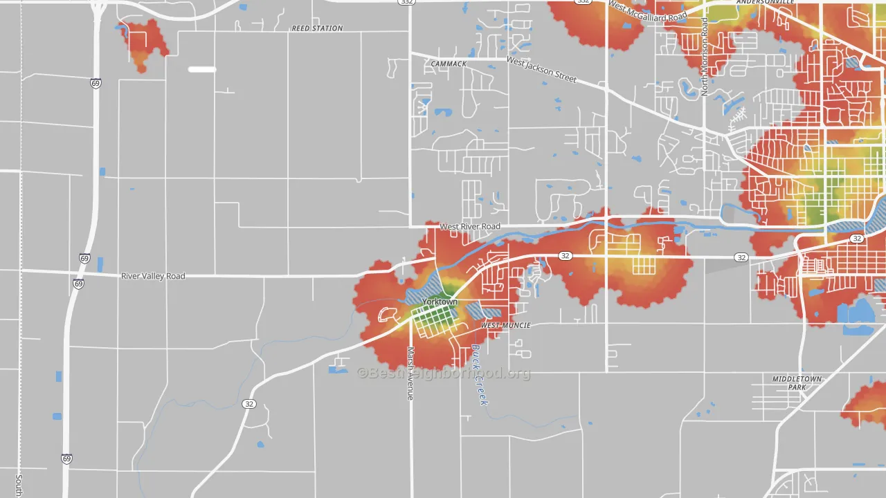 Walk Grade map of 47396, IN, walkable areas in green and car-dependent areas in red