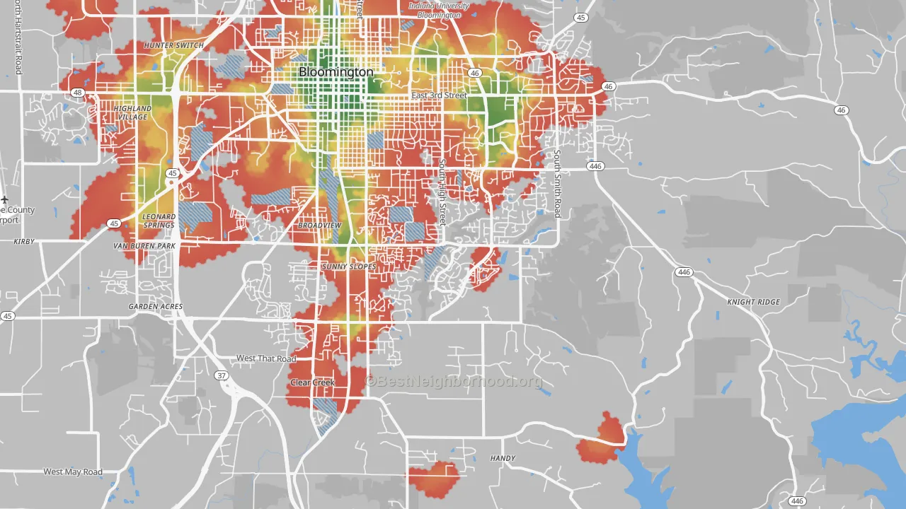 Walk Grade map of 47401, IN, walkable areas in green and car-dependent areas in red