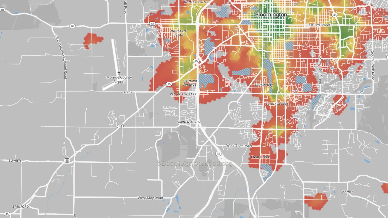 Walk Grade map of 47403, IN, walkable areas in green and car-dependent areas in red