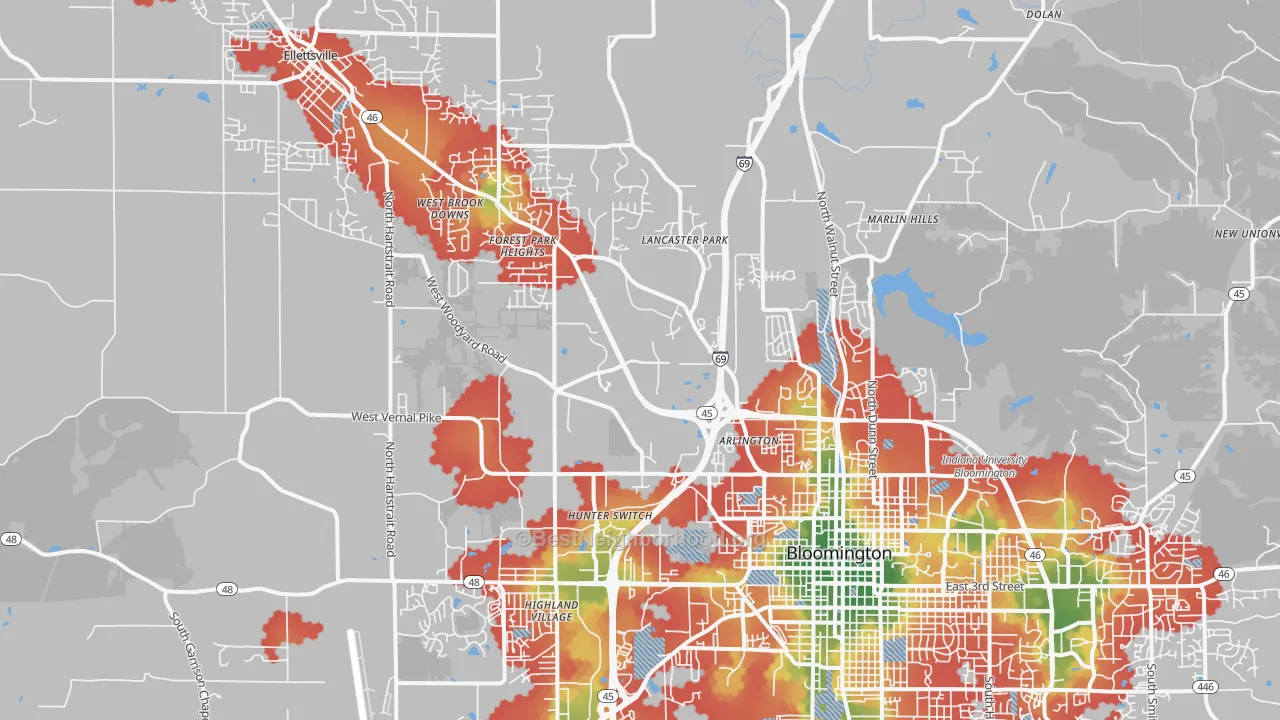 Walk Grade map of 47404, IN, walkable areas in green and car-dependent areas in red