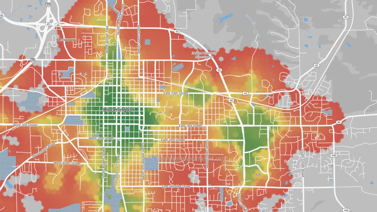 Walk Grade map of 47405, IN, walkable areas in green and car-dependent areas in red