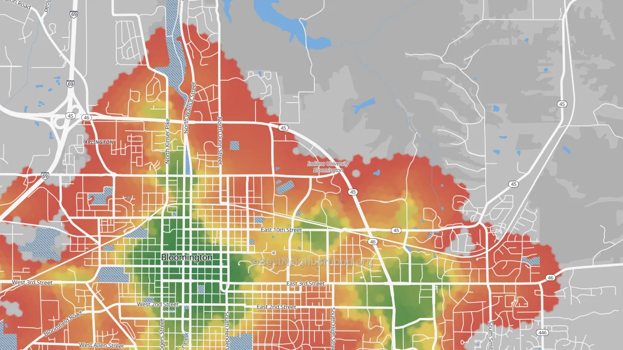 Walk Grade map of 47406, IN, walkable areas in green and car-dependent areas in red