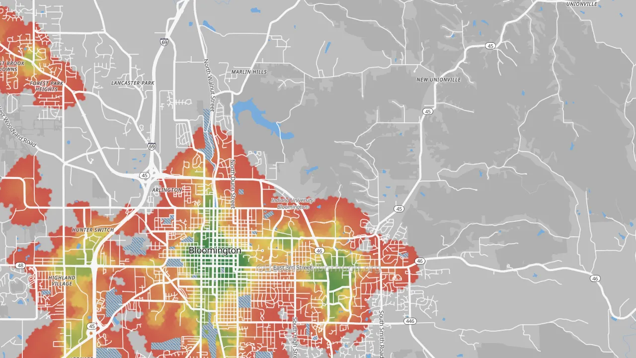 Walk Grade map of 47408, IN, walkable areas in green and car-dependent areas in red