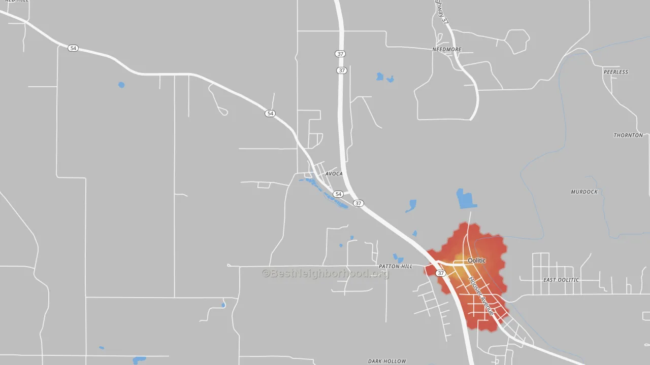 Walk Grade map of 47420, IN, walkable areas in green and car-dependent areas in red