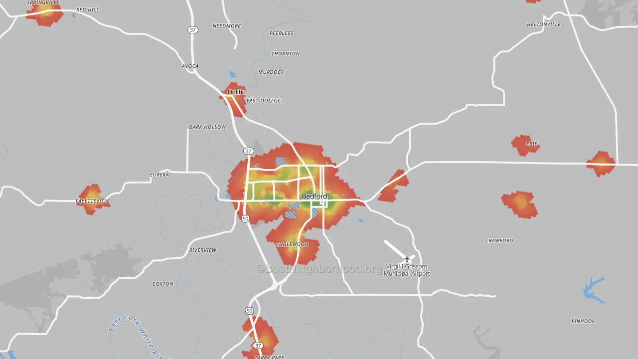 Walk Grade map of 47421, IN, walkable areas in green and car-dependent areas in red